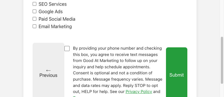 Screenshot of Good At Marketing Contact Us form step 3 showing optional unchecked SMS consent checkbox and consent language